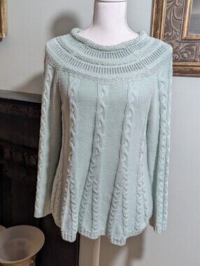 Soft Surroundings Petite Small Cable Knit Rolled Neck A-line Sweater Seafoam